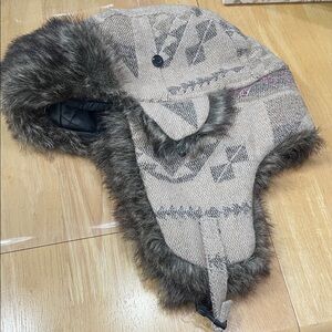 Trapper Hat Southwest Aztec Western Design Unisex Warm Faux Fur Tan Brown Sz OS